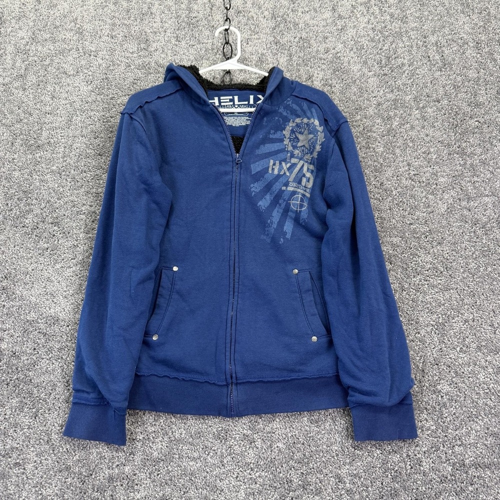 Helix Hoodie Youth XL Blue Fleece Full Zip Sherpa Lined Skull Graphic Gothic